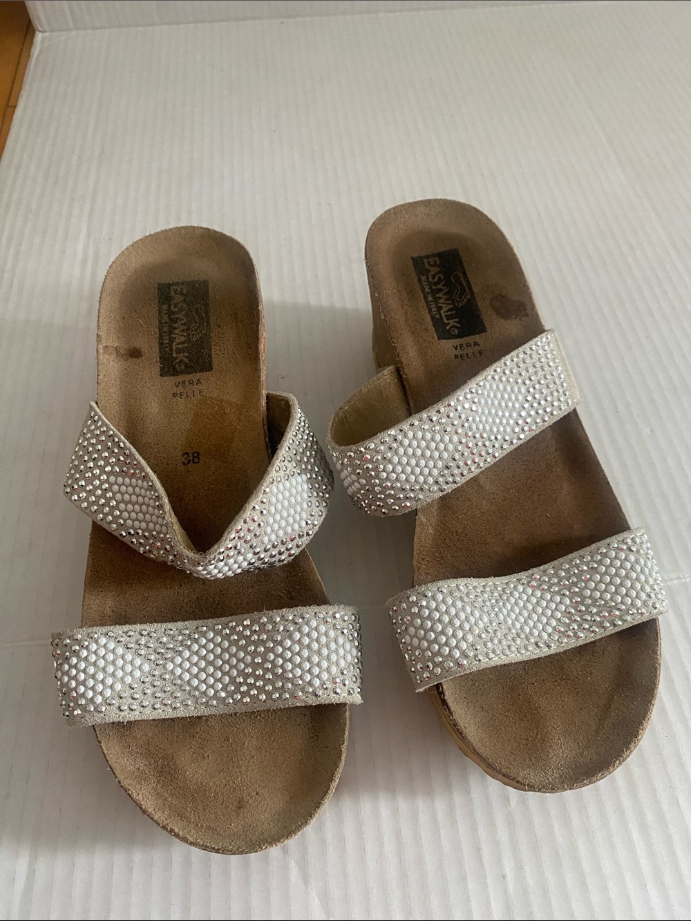 EASYWALK Made in Italy Cork platform Crystal-Embellished slip on Sandals Size 8